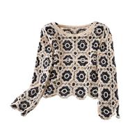 RTGSE Womens Granny Square Knit Cardigan Crochet Square Print Long Sleeve Jumper V-Neck Button Hollow Out Knitwear Sweater (Black Flower, One Size)
