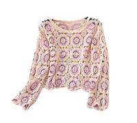 RTGSE Womens Granny Square Knit Cardigan Crochet Square Print Long Sleeve Jumper V-Neck Button Hollow Out Knitwear Sweater (Purple Flower, One Size)