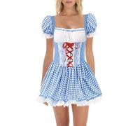RTGSE Womens Halloweem Dorothy Dress Up Costume Lace Patchwork Plaid Mini Dress Wizard of Oz Halloween Party Cosplay Dress (Blue, L)