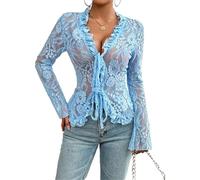 RTGSE Womens Sheer Lace Floral Open Front Bolero Shrug Cardigan Sexy See Through Tie Up Top Summer Long Sleeve Cover Ups (Blue, L)