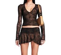 RTGSE Womens Summer 2 Piece Skirt Set Lace Crop Tops with High Waist Bodycon Mini Skirt 2Pcs Skirt Set Y2K 90s Streetwear (Black Set, M)