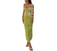 RTGSE Womens Summer Knitted Halter Bodycon Maxi Dress Sleeveless Backless Knit Long Dress Y2K Slim Fit Knit Tank Long Dress (P Green, M)