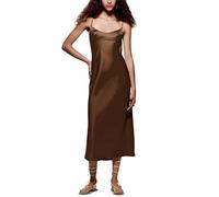 RTGSE Womens Summer Satin Silky Cami Slip Dress Solid Color Smooth Satin Silk A-Line Backless Midi Dress Clubwear Long Dress (Brown, L)