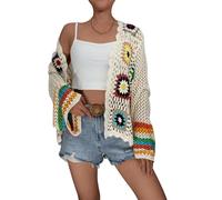 RTGSE Womens Vintage Crochet Granny Square Cardigan Jumper Long Sleeve Button Down Floral Knitted Sweater Knitwear Cardigan (B White, L)
