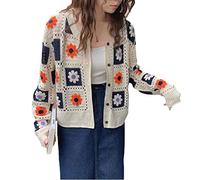 RTGSE Womens Vintage Crochet Granny Square Cardigan Jumper Long Sleeve Button Down Floral Knitted Sweater Knitwear Cardigan (Beige, One Size)