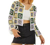 RTGSE Womens Vintage Crochet Granny Square Cardigan Jumper Long Sleeve Button Down Floral Knitted Sweater Knitwear Cardigan (S-Purple Square, One Size)
