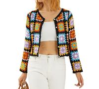 RTGSE Womens Vintage Crochet Granny Square Cardigan Jumper Long Sleeve Button Down Floral Knitted Sweater Knitwear Cardigan (S-Black Square, One Size)