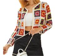 RTGSE Womens Vintage Crochet Granny Square Cardigan Jumper Long Sleeve Button Down Floral Knitted Sweater Knitwear Cardigan (S-Red Square, One Size)