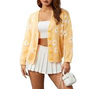 RTGSE Womens Vintage Crochet Granny Square Cardigan Jumper Long Sleeve Button Down Floral Knitted Sweater Knitwear Cardigan (X-Yellow, One Size)