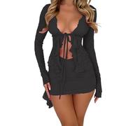 RTGSE Womens Y2K Two Piece Tie Dye Summer Skirt Set Girls Sexy Halter Neck Patchwork Tops+A-Line Bodycon Skirt 2Pcs Streetwear (Lace Black Set 2, M)