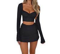 RTGSE Womens Y2K Two Piece Tie Dye Summer Skirt Set Girls Sexy Halter Neck Patchwork Tops+A-Line Bodycon Skirt 2Pcs Streetwear (L Black Set, L)