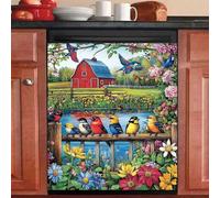 RTHDG Springtime Farm Scenery Magnet Dishwasher Cover Panel Decal, Colorful Birds Magnetic Dishwasher Cover for The Front, Birdsong and Flowers Blooming Fridge Door Sticker (Vinyl) - 23" Wx26 H