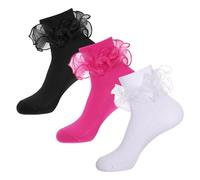 Rthjsfj 3 Pack Big Ruffle Ankle Socks Woman, Double Lace Turn Cuff Cotton Frilly Dress Short Socks for Women Ladies, White + Hot Pink + Black, One size