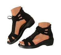 rthopedic Wedge Sandals for Women Roman Thick Bottom Cushioned Insole Sandal Slip-on Hollow Outsole Breathable Lace-up Back Zipper Biack Shoes for All-Day Comfortable Summer (Black, 5.5)