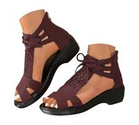 rthopedic Wedge Sandals for Women Roman Thick Bottom Cushioned Insole Sandal Slip-on Hollow Outsole Breathable Lace-up Back Zipper Biack Shoes for All-Day Comfortable Summer (Red, 5.5)