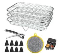 Rthynti 3 Layer Air Fryer Rack for Ninja Dual AF300UK AF400UK, Stainless Steel Stackable Airfryer Accessories, Rectangular Air Fryer Basket with 8 Silicone Feet 1 Sponge Scrubber 1 Kitchen Tongs