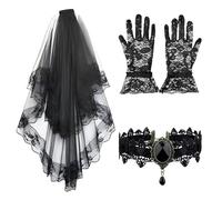 Rthynti Black Mesh Veil with Lace Gloves, 3PCS Hair Net Veils with Lace Gloves, Gothic Bridal Veill and Necklace for Photos, Evening Party, Holiday Decorations, Funeral, Weddings