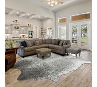 Rtizon Faux Cowhide Rug for Living Room, 4.6 x 5.2 Feet Grey, Cow Print Skins Rug for Bedroom, Premium Faux Fur Animal Cow Hide Rugs Carpet for Western Decor