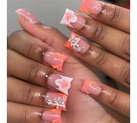 RTKHFZE 24Pcs Medium False Nails French Tip Orange with Pendants Stars and Flowers Acrylic Glue Full Coverage Glossy for Women Girls