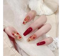 RTKHFZE Fall Press on Nails Medium Length Red False Nails Shiny Sequins with Maple Leaves Glitter Designs Acrylic Nails 24Pcs Autumn Full Cover Fake Nails Stick on Nail for Women and Girls