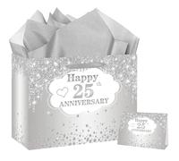 RTMISA 25th Anniversary Themed Gift Bag with Tissue Paper and Greeting Card Silver Wedding Anniversary Paper Gifts Wrapping Bag for Wife Husband Couple, Happy 25 Years Party Decorations Supplies