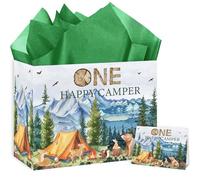 RTMISA One Happy Camper Birthday Gift Bag with Tissue Paper and Greeting Card One Year Old Boy Birthday Gifts Wrapping Paper Bag, 1st Bday Boy Present Wrap, First Birth Day Party Decorations Supplies