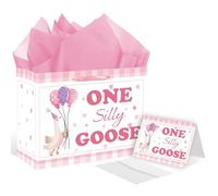 RTMISA One Silly Goose Birthday Gift Bag with Tissue Paper and Greeting Card One Year Old Girl Birthday Gifts Wrapping Bag, Pink Silly Goose First Birth Day Party Decorations Supplies