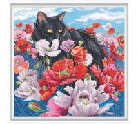 RTO Counted Cross Stitch kit Black cat Among Flowers M913, DMC Mouline Thread, Zweigart Aida, Embroidery Needlework DIY Adult, 30x30 cm / 11.8"x11.8"