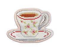 RTO EHW028 Cup Tea Cross Stitch Set on Wooden Plate, Cotton, Multi-Colour, 10.1 x 7.4 cm