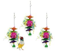 RTSHUK 3 PCS Bird Toys, Multicolor Bird Shredding Toys Parrot Chewing Toy Hanging Shredder Toy Include Natural Rattan Ball Bells for Parakeets Budgies Conures Small and Medium-Sized Parrot