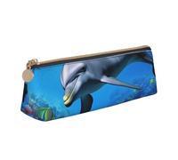 RTSTNMBD Leather Pencil Case with Zipper - Stylish Leathers Pen Holder Pen Case for Women Men - Leather Pencil Bag Dolphin in the coral reef Pen Pouch for Work, Office & Travel Pencil Pouch Aesthetic