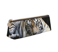 RTSTNMBD Leather Pencil Case with Zipper - Stylish Leathers Pen Holder Pen Case for Women Men - Leather Pencil Bag Tiger Lie On Rock Pen Pouch for Work, Office & Travel Pencil Pouch Aesthetic