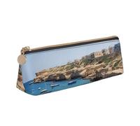 RTSTNMBD Leather Pencil Case with Zipper - Stylish Leathers Pen Holder Pen Case for Women Men - Leather Pencil Bag Coastal of Malta Pen Pouch for Work, Office & Travel Pencil Pouch Aesthetic