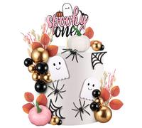 Rtteri 33 Pcs Halloween Spooky One Cake Topper Baby Ghost Halloween 1st Birthday Cake Picks Decoration Include Ghost Bat Spider Pumpkin Decor for First Birthday Party Supplies(Pink)