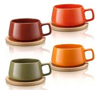 Rtteri 4 Pack 11 oz Ceramic Coffee Mugs Set with Bamboo Coasters, Autumn Colors Stoneware Wide Cappuccino Cups for Americano Latte Espresso Tea