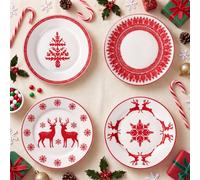 Rtteri 4 Pack 9 Inch Christmas Ceramic Plates Red Nordic Folk Pattern Dinnerware Set with Snowflake Reindeer Tree Salad Dish Serving Plates Gift for Home Christmas Anniversary Party Kitchen Decor
