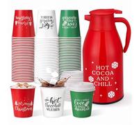 Rtteri 49 Pcs Christmas Hot Chocolate Bar Set 2l Dispenser 48 Cups with Lid | 68 oz Christmas Red Stainless Steel Pot Drink Dispenser, 9oz Snowflake Cocoa Paper Cups, for Xmas Winter Party Supplies
