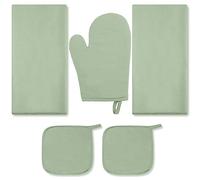 Rtteri 5 Pieces Green Kitchen Towels Pot Holders Oven Mitts Set 2 Dish Towels 2 Green Potholders 1 Cooking Mittens Oven Glove for Cooking Baking BBQ Grilling Supply(Sage Green Style)