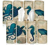 Rtteri 8 Pack Car Tissue Holder with Facial Tissue Bulk Vintage Sea Animal Canvas Printed Cylinder Boxes for Car Cup Holder Refill Home Office Round Container
