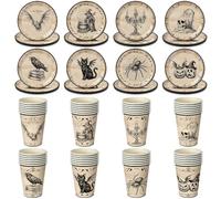 Rtteri 96 Pcs Gothic Halloween Plates and Cups Vintage Spooky Paper Dinnerware with 48 Plates 9" 48 Cups 9oz 8 Retro Witch Skull Raven Designs Tableware Set for Occult Dinner Party Supplies