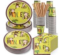 Rtteri Monkey Birthday Party Supplies, 250 Count Paper Plates, Napkins, Straws, Cups, Jungle Animal Theme for 50 Guests