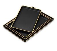 Rtteri Set of 4 Large Serving Platter Set 15/14/13/12 Inch Heavy Plastic Serving Trays Unbreakable Rectangular Platter Reusable Wood Grain Tray for Buffet Wedding Christmas Party(Black and Gold)