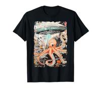 RTUZ Vintage Octopus UFO UAP Alien Octopus T-Shirt - Black, Small, Unisex-Adults, Short Sleeve, Classic Fit, Crew Neck