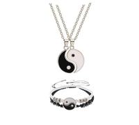 RTY 4Pcs Yin Yang Taichi Pendant Best Friends Couple Matching Bracelets Necklace Set Adjustable Waterproof Handmade Cord Relationship Bracelets for Friendship Relationship Couple Jewelry, Zinc, No
