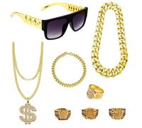 Rtyuio 8PCS Hip Hop Party Decoration Set Chunky Gold Chain, Dollar Sign Necklace, Wide Dollar Ring, Fortune Blessing Ring 3 Piece Set, Bracelet & Purple Lens Glasses for Rapper Disco Hippie Outfit