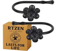 RTZEN Decorative Metal Curtain Tiebacks - Farmhouse Wrought Iron Curtain Holdbacks - Drapery Holders for Wall - Unique Metal Tie Backs for Curtains - 2 Pcs (Black Flower)