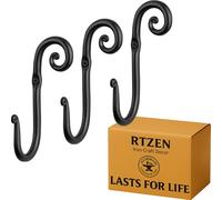 RTZEN Wall Mount Hook Set - Wrought Iron Decorative Rustic Metal Coat Hooks for Hanging - Handcrafted Classic Farmhouse Wall Mounted Black Hooks for Towel Robe or Hat Hanging - 3 Pack