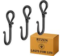 RTZEN Wall Mount Hook Set - Wrought Iron Decorative Rustic Metal Coat Hooks for Hanging - Handcrafted Classic Farmhouse Wall Mounted Black Hooks for Towel Robe or Hat Hanging - 3 Pack
