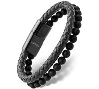 RTZN® Black Leather Bracelet for Men - Premium Artisan Handcrafted Black Onyx Stone and Braided Leather Bracelet - Stacked Black Leather & Onyx Beaded Bracelet (Medium)