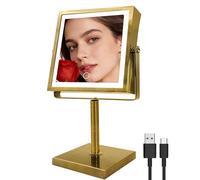 Ruacq Makeup Mirror with Lights 1X/10X Height Adjustable Antique Brass | 8",4000mAh Rechargeable,Dual Sided Magnifying Vanity Mirror,3 Color Lights,Adjustable Brightness,Square,Gift for Women